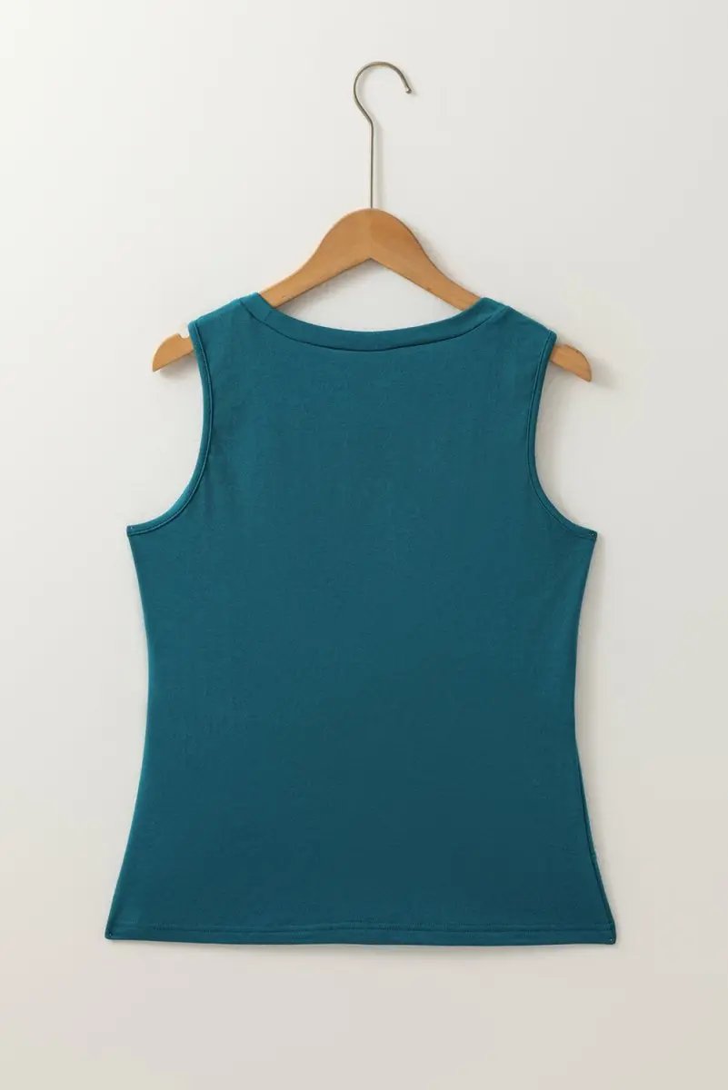 Blue Sapphire Solid Color Stitching Detail Round Neck Tank Top for Casual Wear - Love Salve